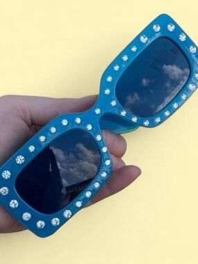 Juicy Couture Rhinestone Embellished Rectangle Sunglasses in Teal Blue
